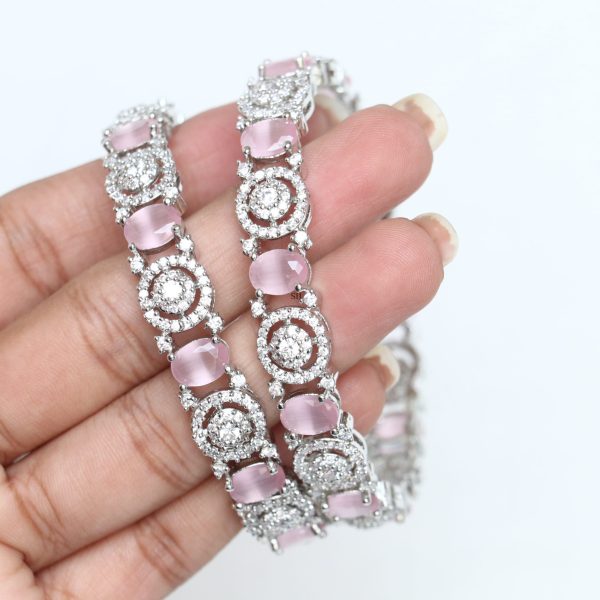 Silver Finish Oval Cut Pink Stone AD Bangles