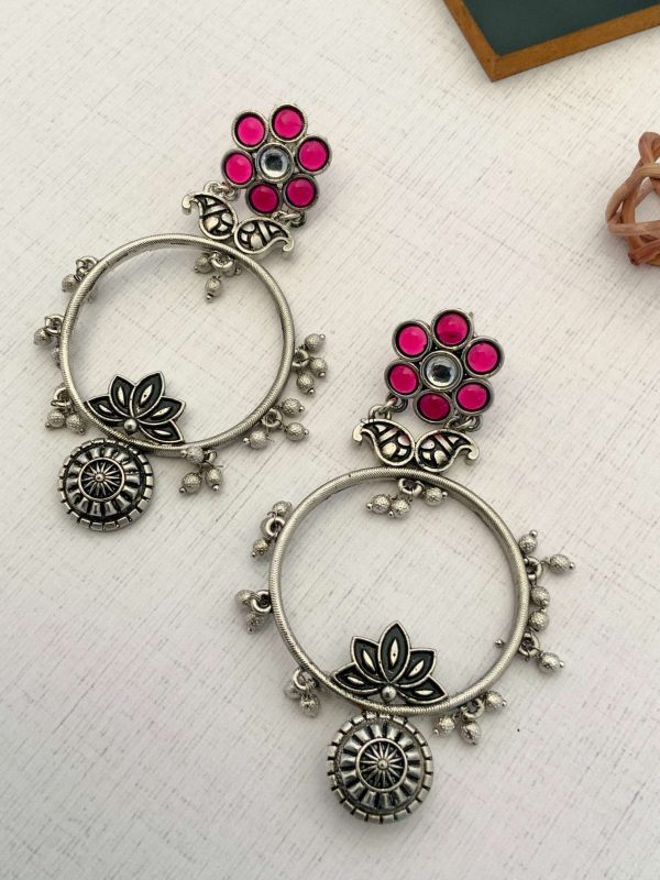 German Silver Floral Drop Design Hoop Earrings