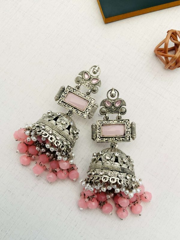 Baby Pink Stone Earrings with Pink Beads and Pearl Drop Jhumkas