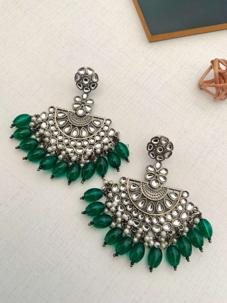 Flower Design Kundan Earrings with Green Beads