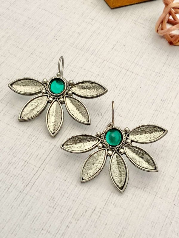 Green Stone Half Flower Design Hook Earrings