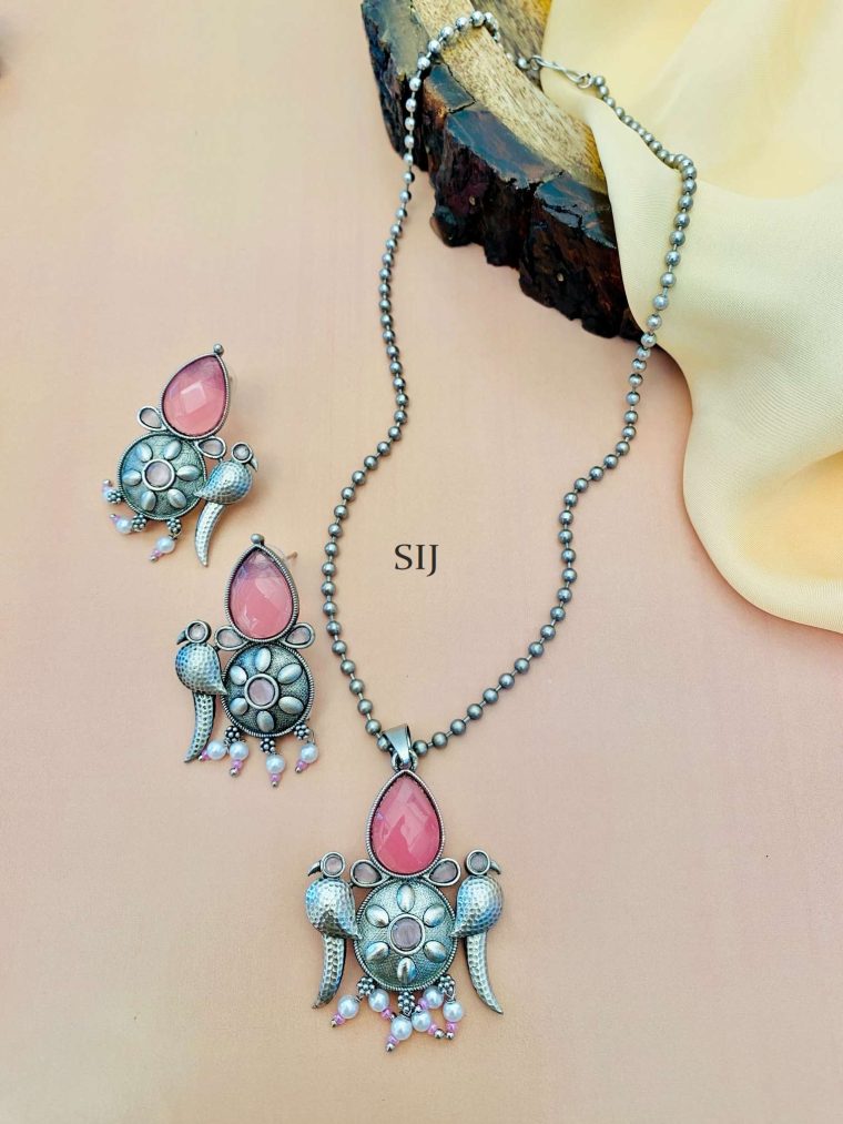 German Silver Plated Dual Peacock Pink Stone Chain And Pendant With Earrings