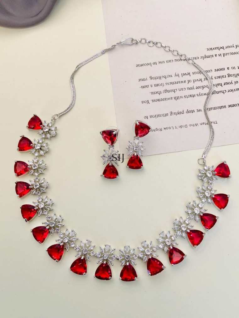 German Silver Plated Red AD Stones Necklace With Earrings