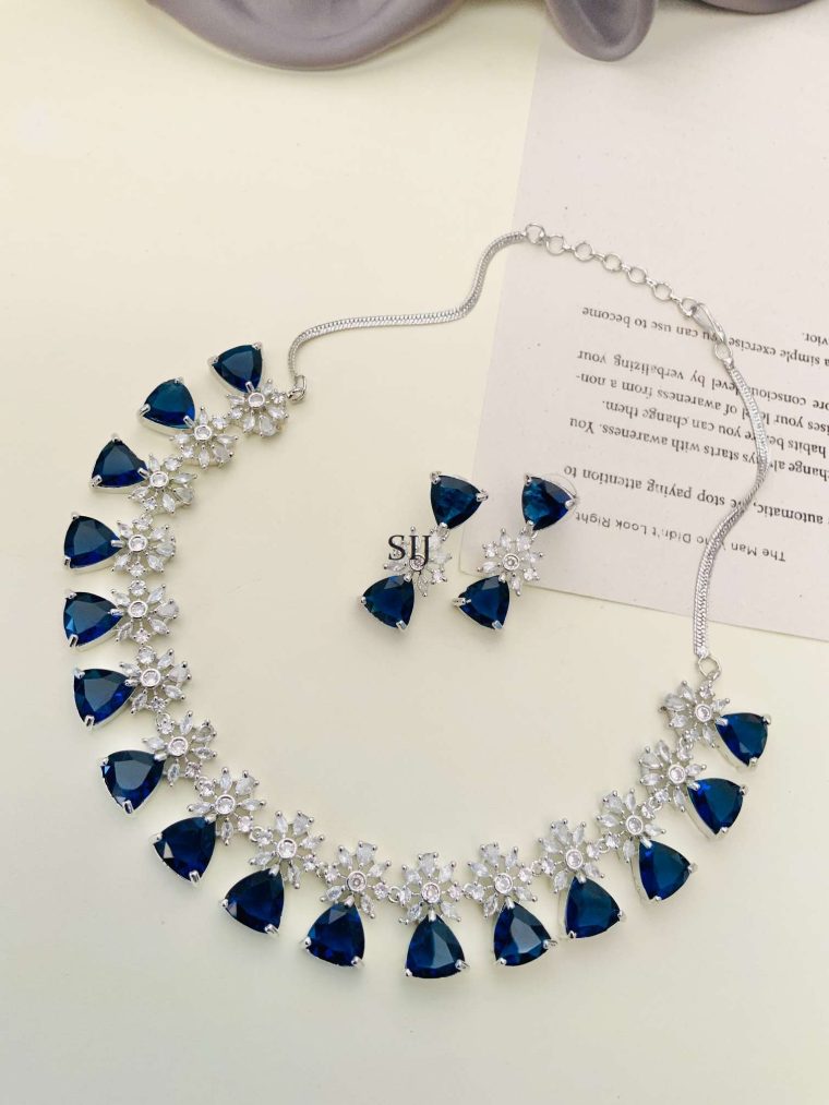 German Silver Plated Dark Blue AD Stones Necklace With Earrings