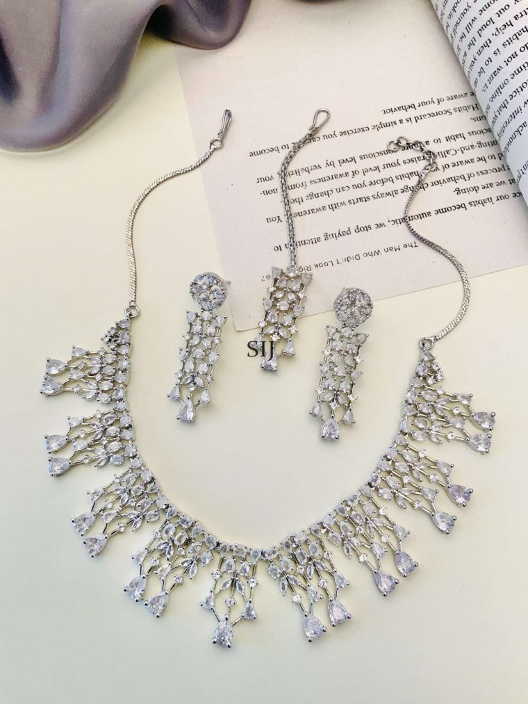 German Silver Plated AD Stones Necklace With Earrings And Maang Tikka