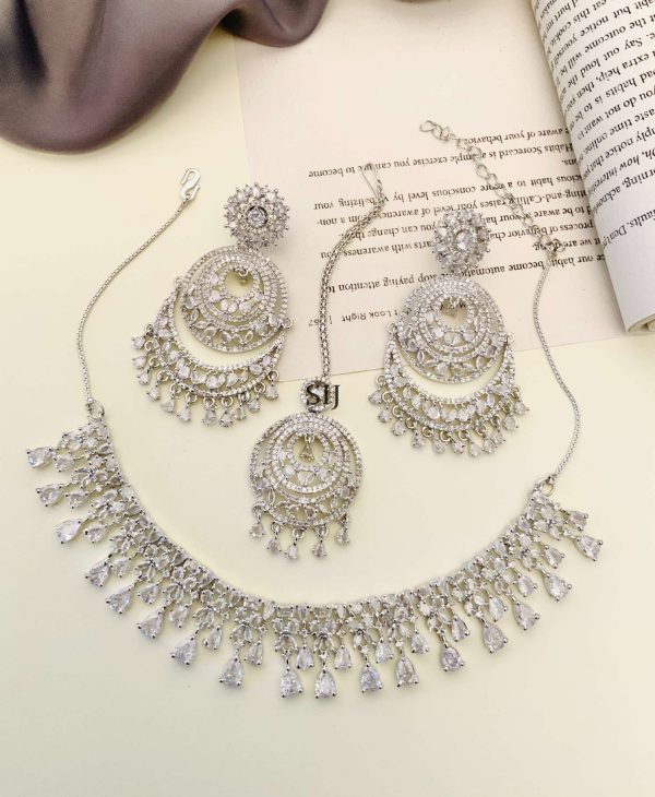 Imitation German Silver Plated AD Stones Necklace With Earrings And Maang Tikka