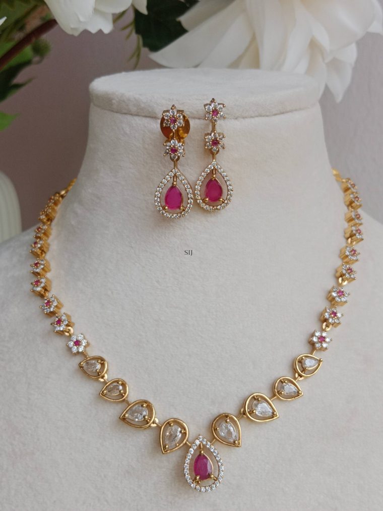 Gold Plated AD Stones Tear Drop and Flower Design Necklace