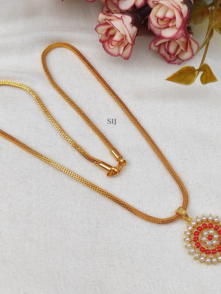 Gold Plated Chain with Orange and White Pearl Round Pendant