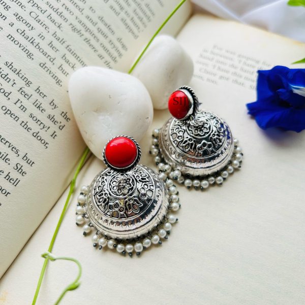 Coral Tops Silver Lookalike Jhumkas