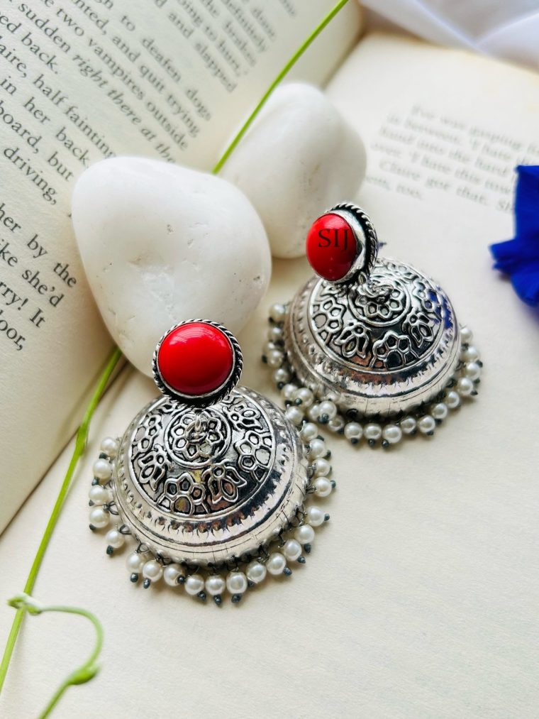 Coral Tops Silver Lookalike Jhumkas