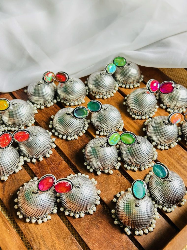 Silver Jhumkas with Glittering Tops