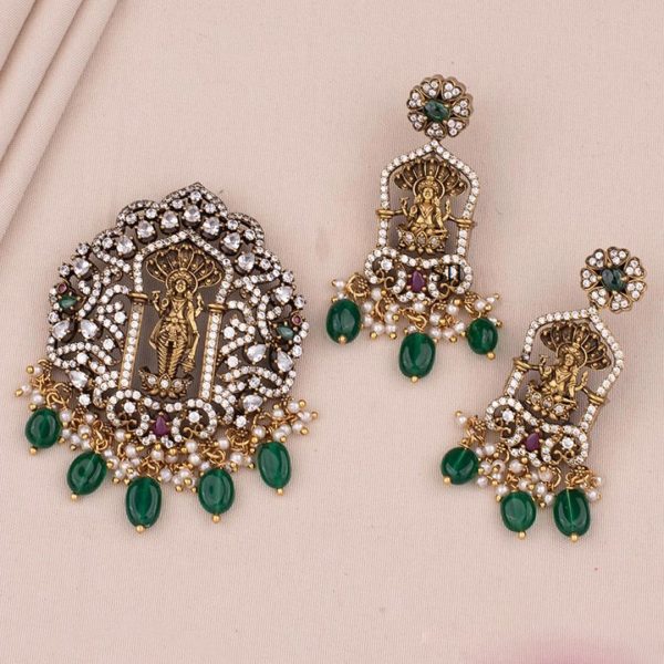 Traditional Naga Vishnu Green Beads Earrings And Pendant Set