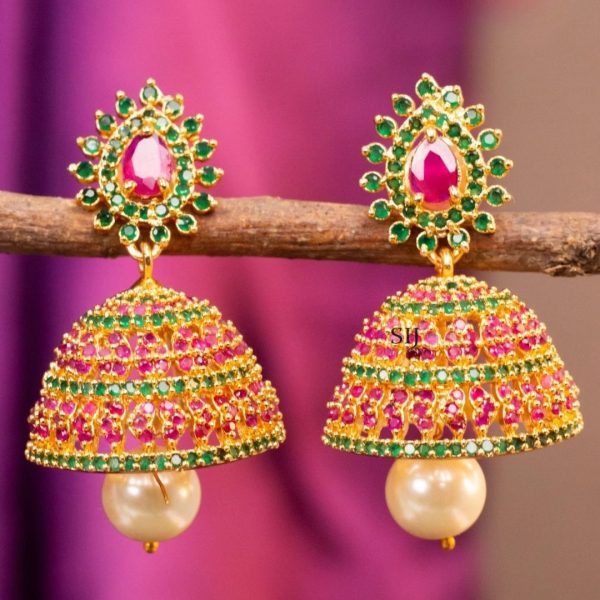 Artificial Red And Green AD Stones Jhumkas