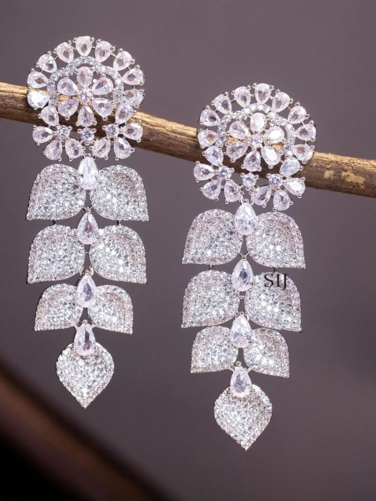 Flower And Leaf Design White AD Stones Earrings