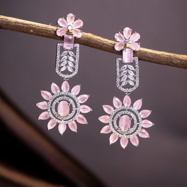 Pastel Pink Stone Flower Design Hanging Earrings