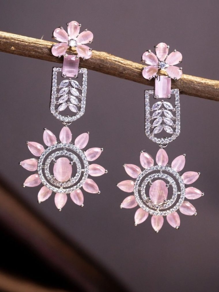 Pastel Pink Stone Flower Design Hanging Earrings