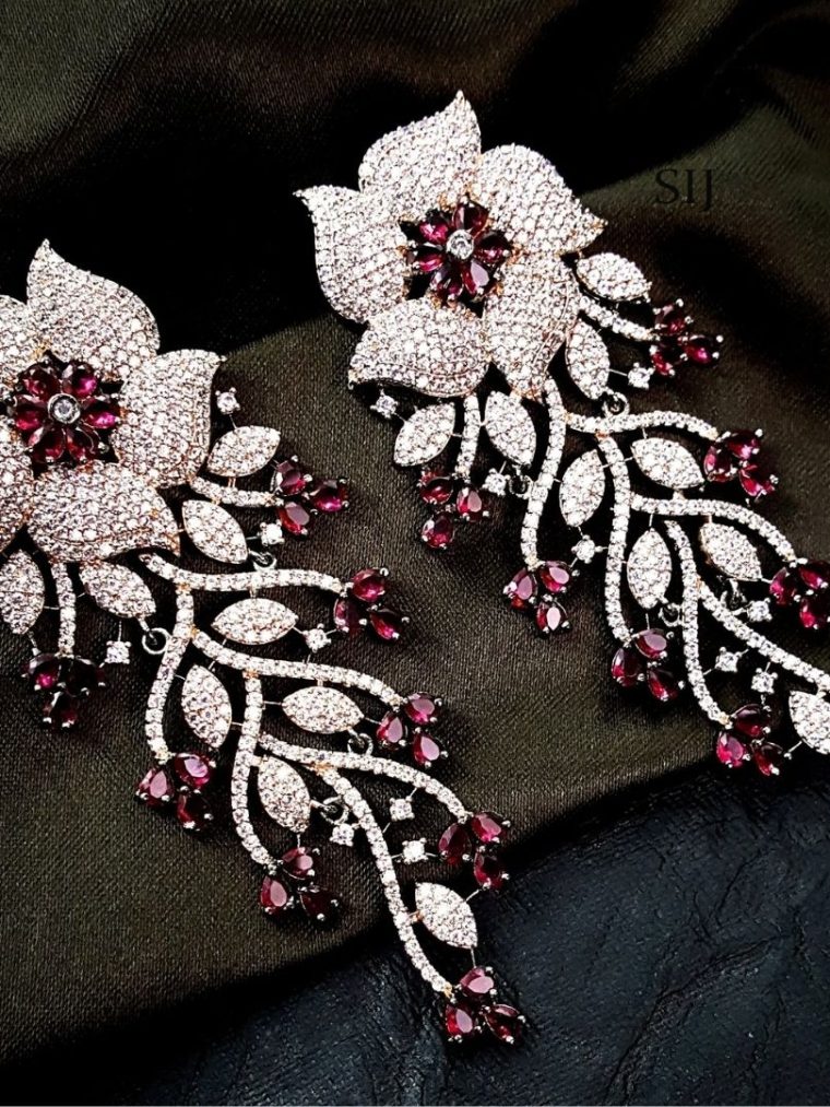 Wine Red Flower Leaf Bunch Black Polish AD Earrings