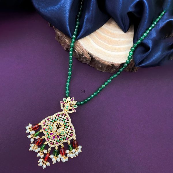 Green Beads Chain with Red and Green AD Stone Pendant