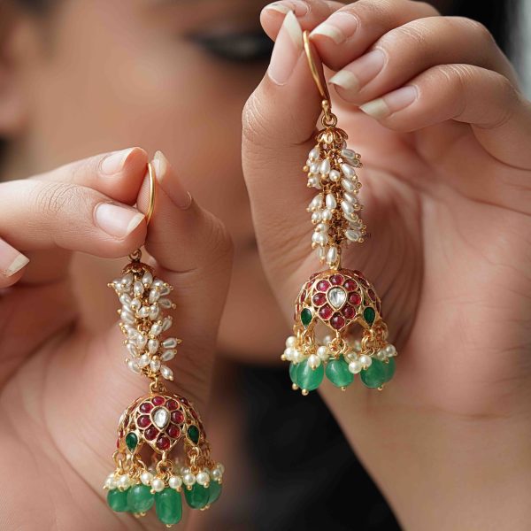 Gold Plated Pearl and Kemp Loop Jhumkas