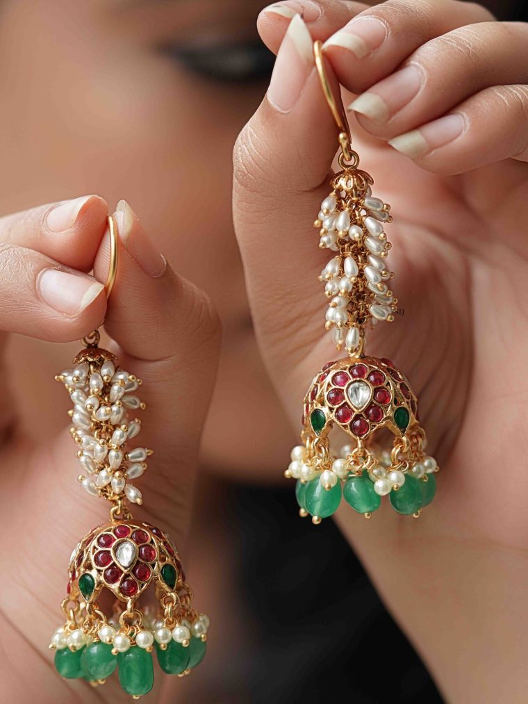 Gold Plated Pearl and Kemp Loop Jhumkas