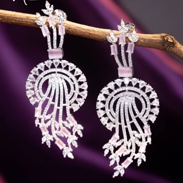 AD Studded Leaf Design Pink Stone Earrings