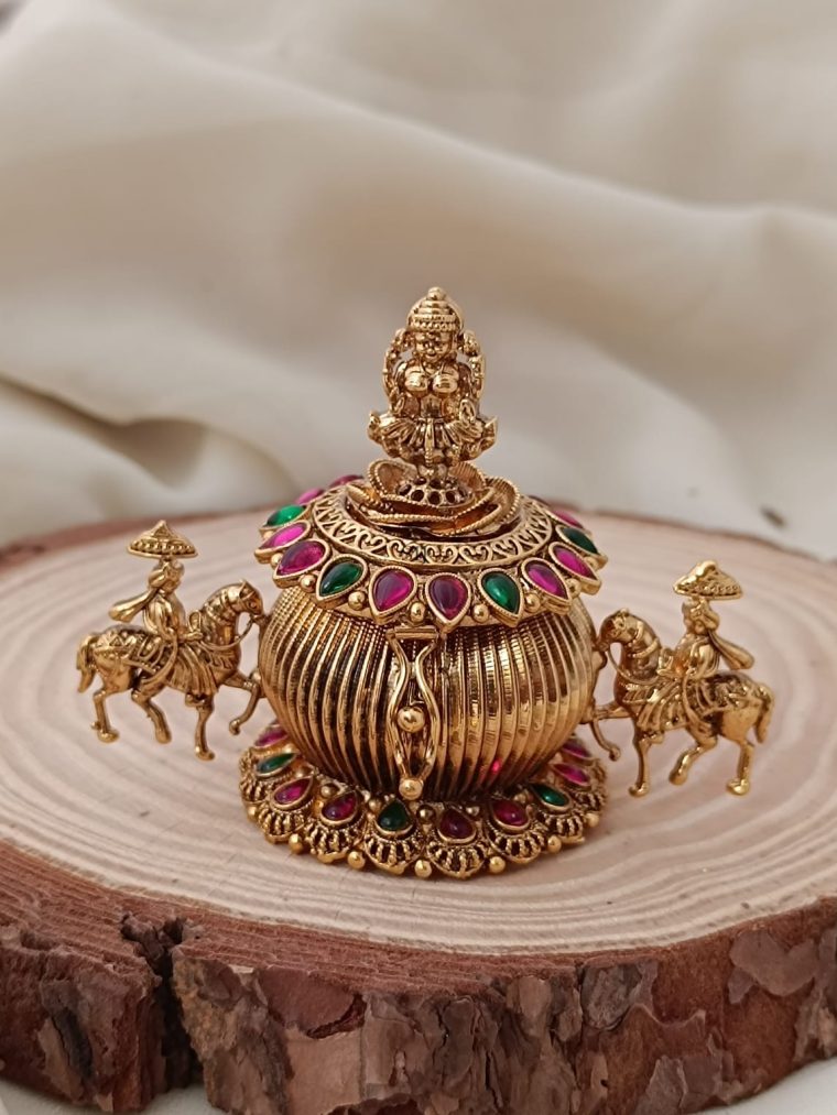 Antique Green &Pink Stone Lakshmi Kumkum Box