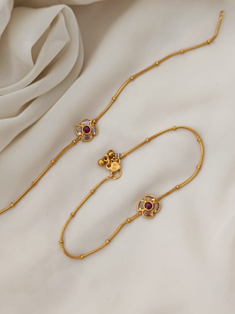 Flower Design White& Ruby Stones Anklets