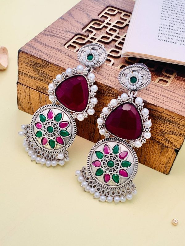 German Silver Plated Multicolour Stone Pearl Drop Earrings