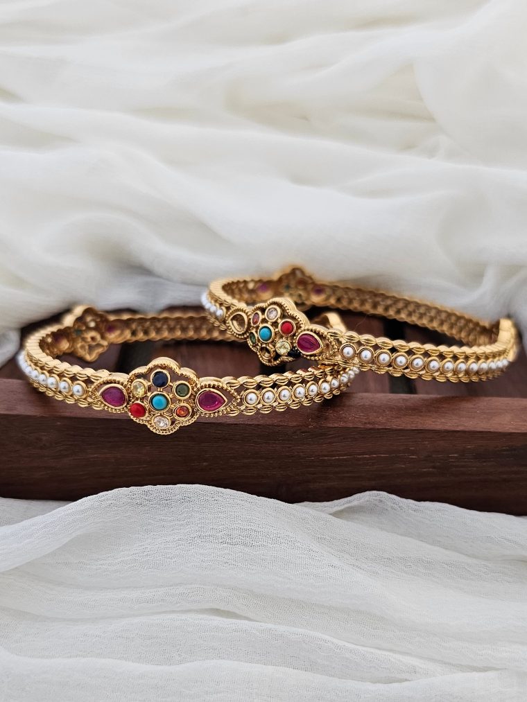 Gold Finish Flower Design Navaratna Bangles