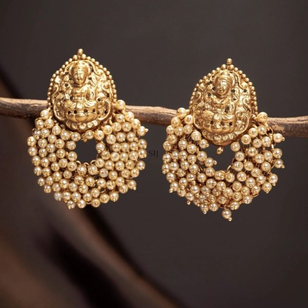 Gold Finish Hanging Cluster Pearls Lakshmi Ear Studs