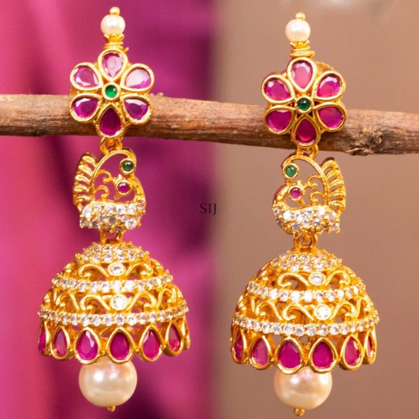 Gold Finish Peacock Design Pink Stone Jhumkas