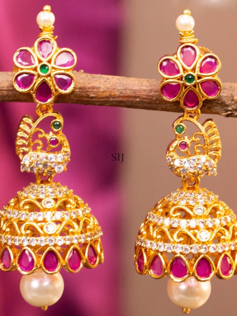 Gold Finish Peacock Design Pink Stone Jhumkas