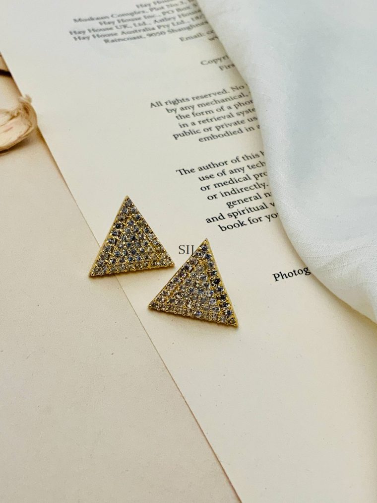 Gold Finish Triangle Shape White Stone Earrings