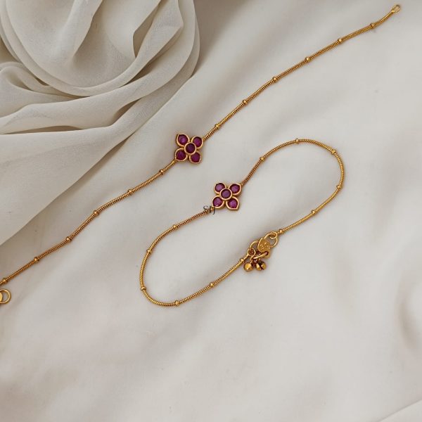 Gold Plated Ruby Stone Flower Design Anklets