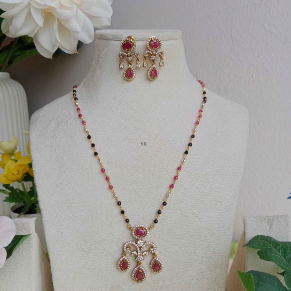 Imitation Black beaded Chain With Ruby AD Pendant