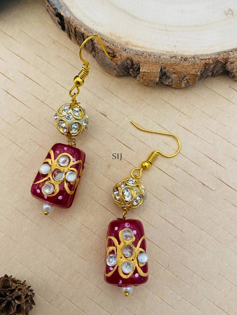 Imitation Red Colour Jaipuri Beaded Earrings