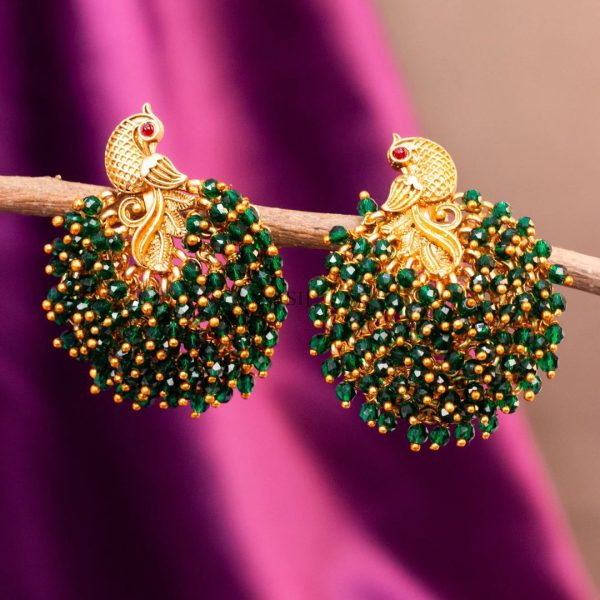 Peacock Design Green Beads Cluster Earrings