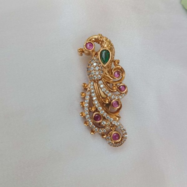 Peacock Design White Stone Saree Pin