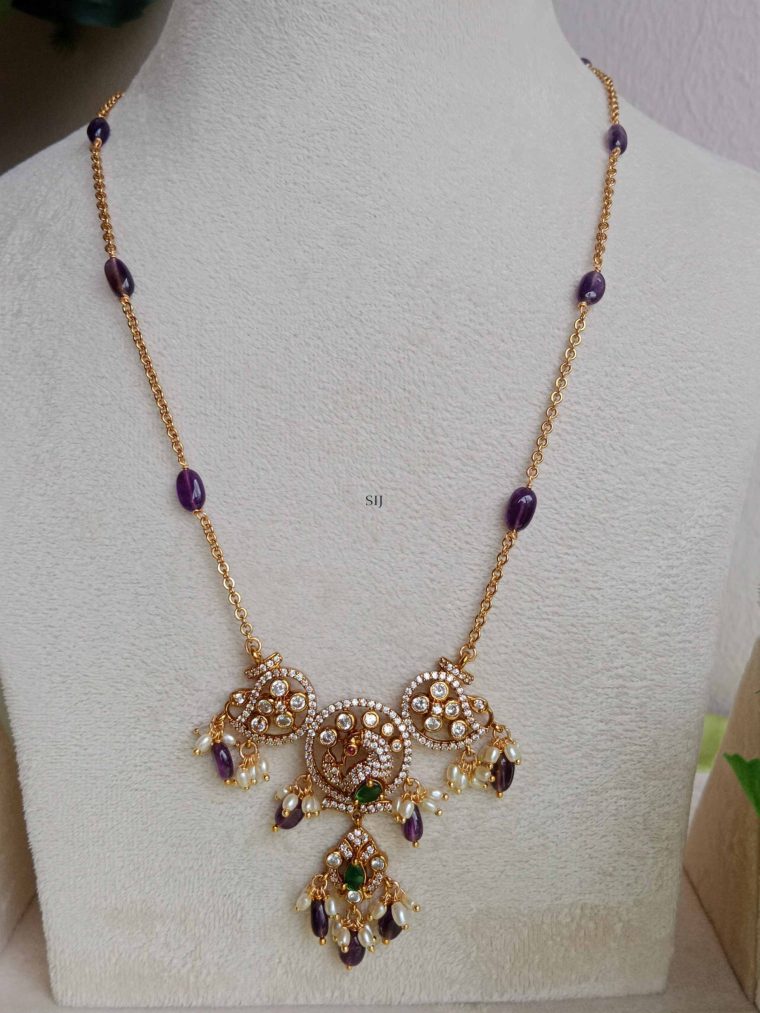 Purple Beaded Peacock Design Victorian Pendant And Chain