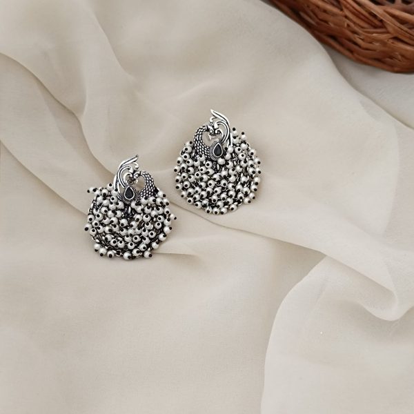 Silver Finish Black Stone Pearl Drop Earrings