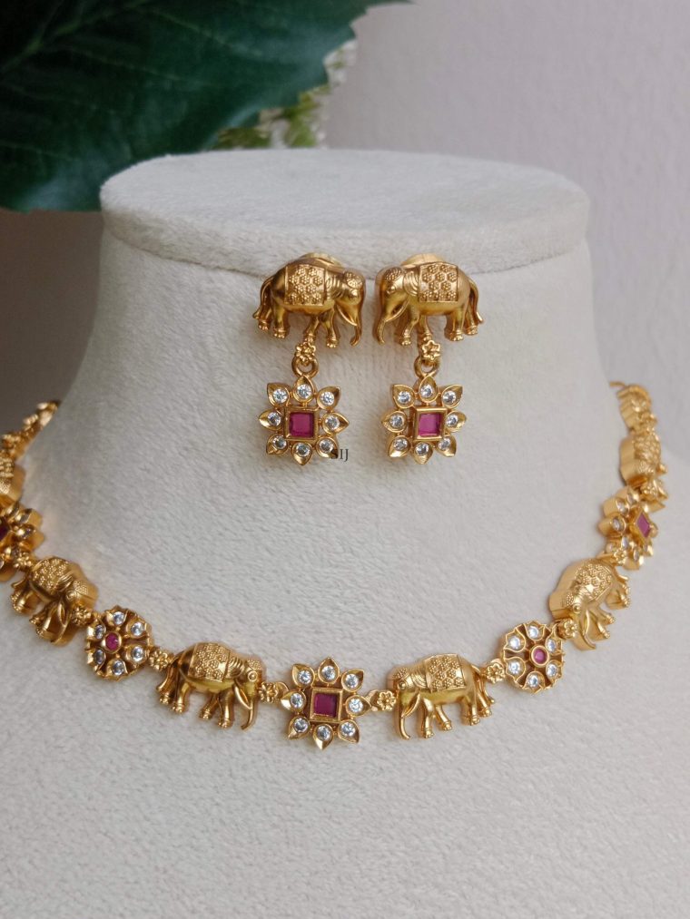 Gold Plated Elephant and Flower Design Necklace