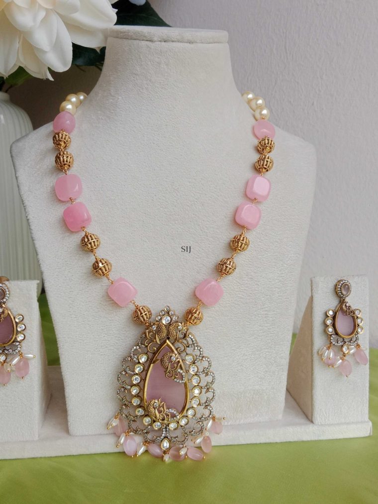 Pink and Gold Beads Victorian Haram with Peacock Pendant