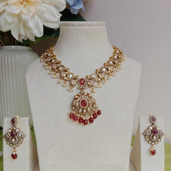 Gold Finish Peacock Victorian Necklace with Red Beads