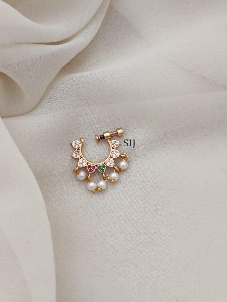 Artificial AD Stones And Pearl Ring Type Nose Pin