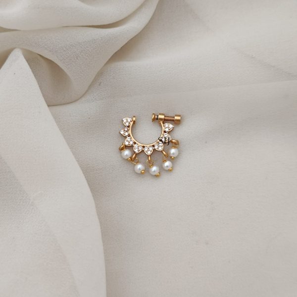 Artificial White Stones And Pearl Ring Type Nose Pin