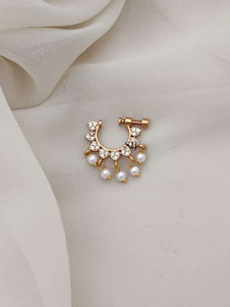 Artificial White Stones And Pearl Ring Type Nose Pin