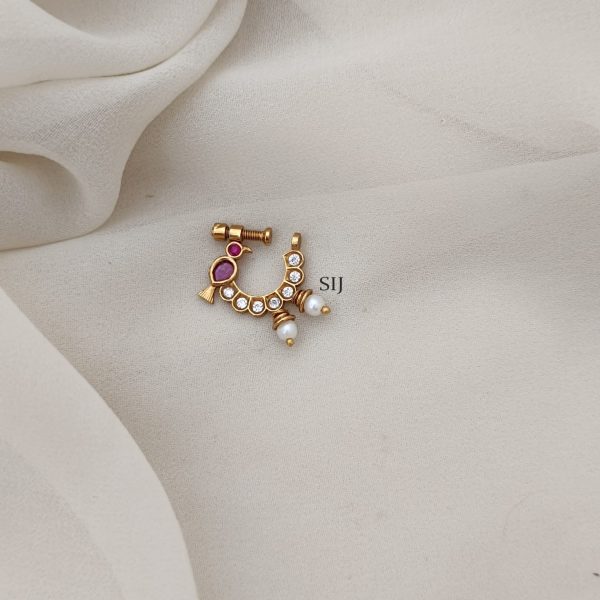 Artificial Pearl And Peacock Ring Type Nose Pin