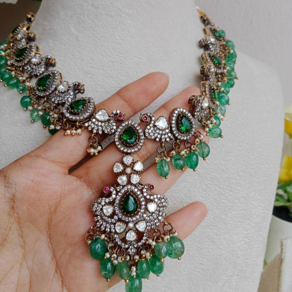 Emerald Stones and Peacock Massonite Victorian Necklace