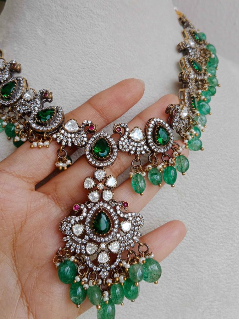 Emerald Stones and Peacock Massonite Victorian Necklace