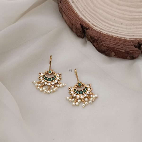 Green Kemp Stones Chand Bali Hook Earrings with Guttapusalu